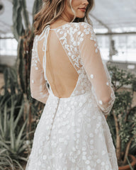 Beautiful Long A-line Unique V-neck Long Sleeves Appliques Wedding Dresses With Slit