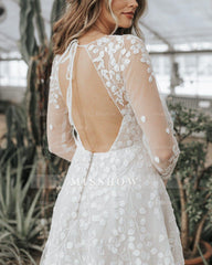 Beautiful Long A-line Unique V-neck Long Sleeves Appliques Wedding Dresses With Slit