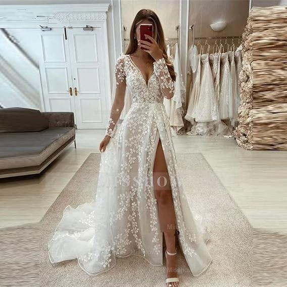 Beautiful Long A-line Unique V-neck Long Sleeves Appliques Wedding Dresses With Slit