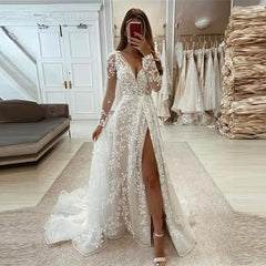 Beautiful Long A-line Unique V-neck Long Sleeves Appliques Wedding Dresses With Slit