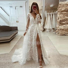 Beautiful Long A-line Unique V-neck Long Sleeves Appliques Wedding Dresses With Slit