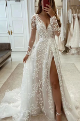 Beautiful Long A-line Unique V-neck Long Sleeves Appliques Wedding Dresses With Slit