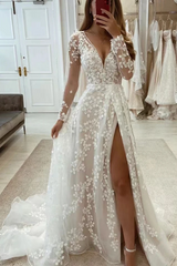 Beautiful Long A-line Unique V-neck Long Sleeves Appliques Wedding Dresses With Slit