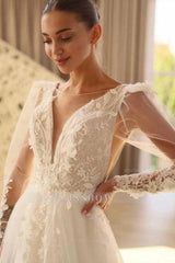 Beautiful Long A-line V-neck Lace Tulle Wedding Dress With Long Sleeves