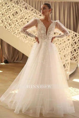 Beautiful Long A-line V-neck Lace Tulle Wedding Dress With Long Sleeves