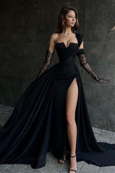 Black one shoulder lace A-line prom dress