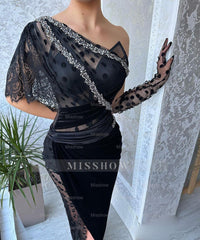 Beautiful Long Black Mermaid One Shoulder Lace Prom Dress With Slit