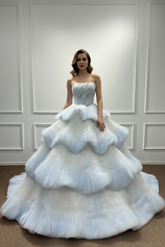 Beautiful Long Blue Ball Gown Cake strapless Sequined Prom Dress with Beads