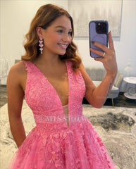 Beautiful Long Candy Pink A-line V-neck Sleeveless Prom Dress with Lace
