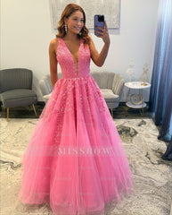 Beautiful Long Candy Pink A-line V-neck Sleeveless Prom Dress with Lace