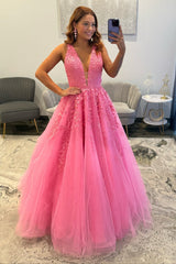 Beautiful Long Candy Pink A-line V-neck Sleeveless Prom Dress with Lace