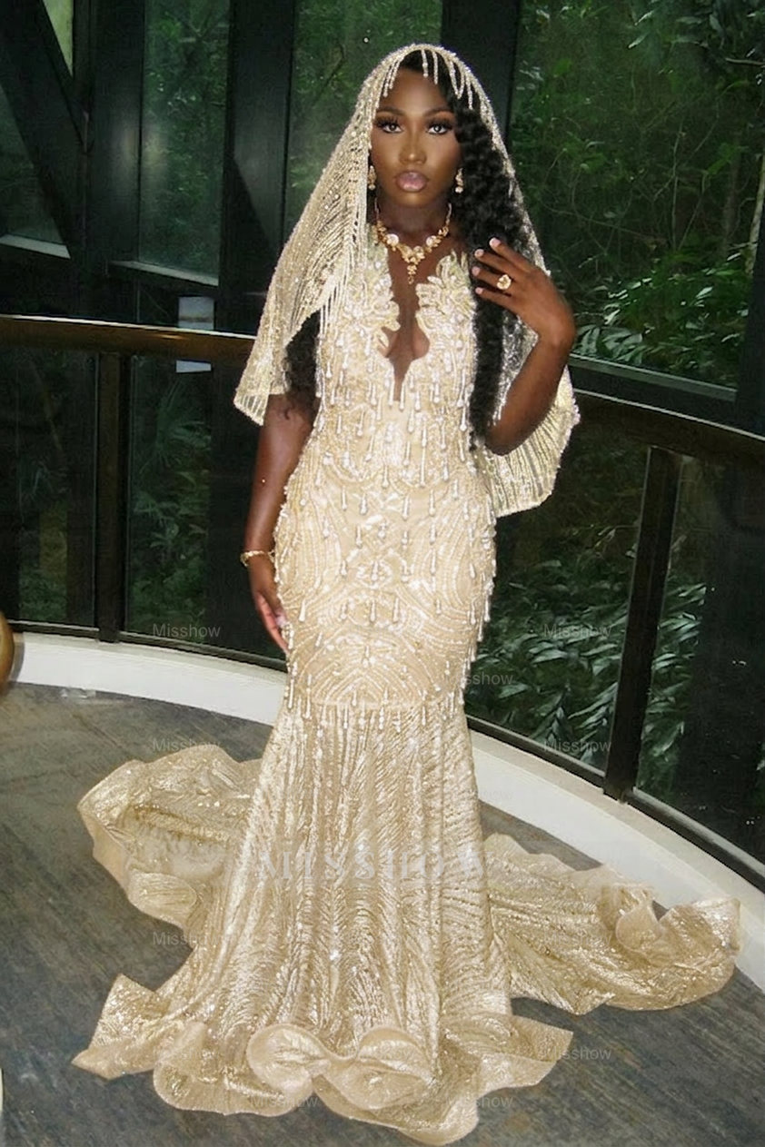Beautiful Long Gold Mermaid Sleeveless Glitter Prom Dress with Veil
