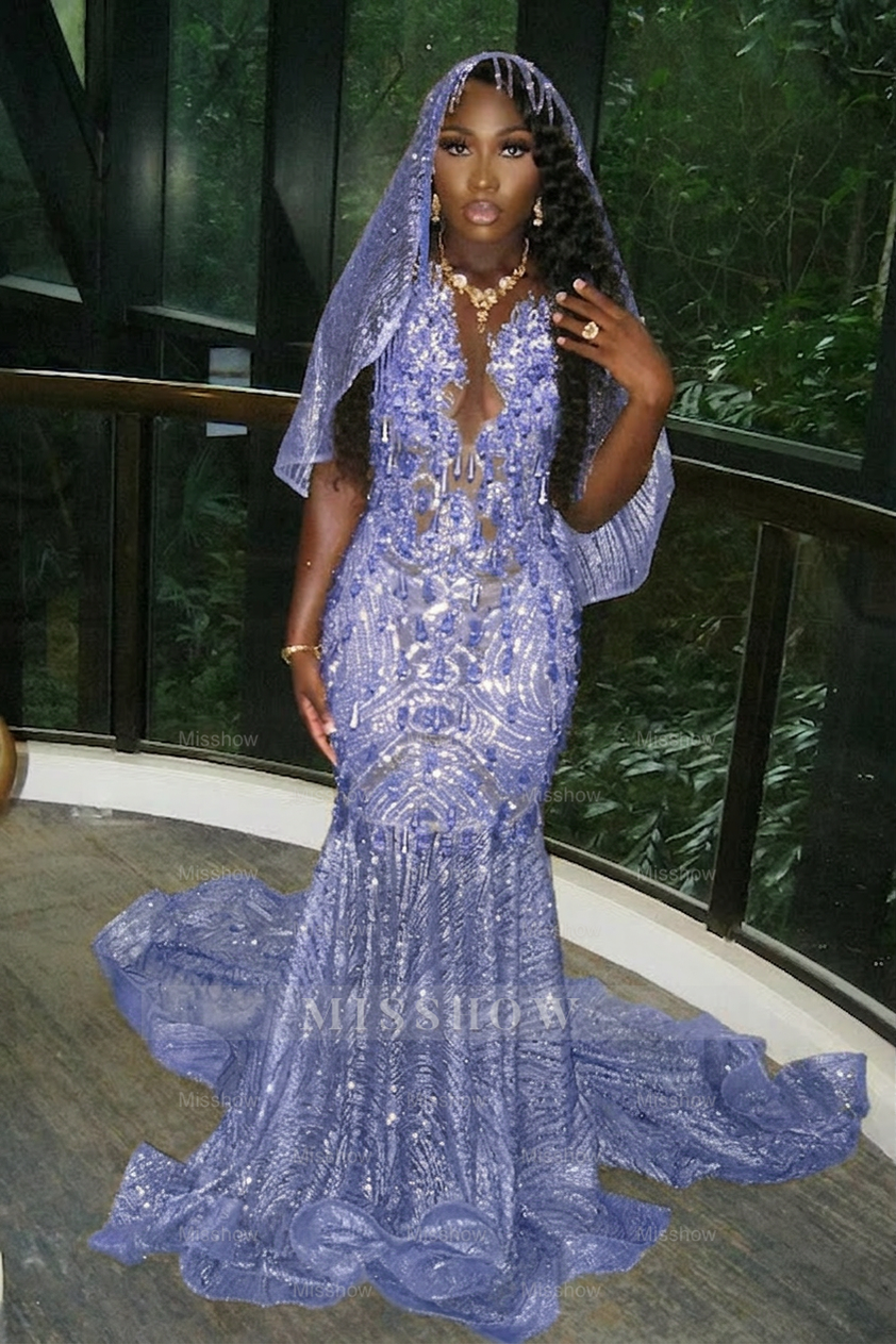 Beautiful Long Gold Mermaid Sleeveless Glitter Prom Dress with Veil