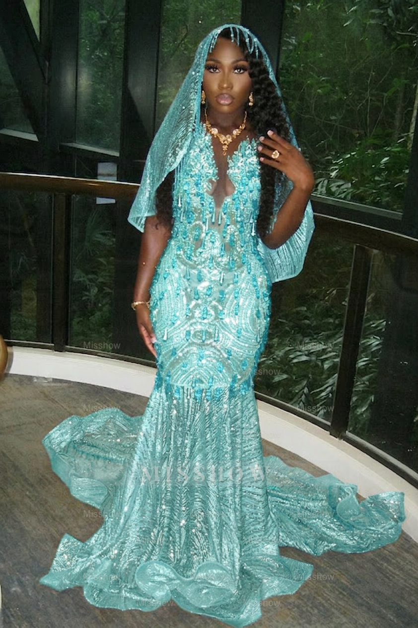 Beautiful Long Gold Mermaid Sleeveless Glitter Prom Dress with Veil