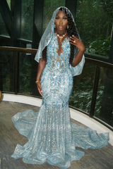 Beautiful Long Gold Mermaid Sleeveless Glitter Prom Dress with Veil