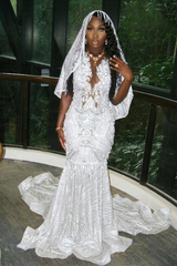 Beautiful Long Gold Mermaid Sleeveless Glitter Prom Dress with Veil