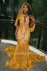 Beautiful Long Gold Mermaid Sleeveless Glitter Prom Dress with Veil