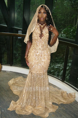 Beautiful Long Gold Mermaid Sleeveless Glitter Prom Dress with Veil