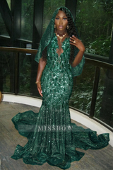 Beautiful Long Gold Mermaid Sleeveless Glitter Prom Dress with Veil