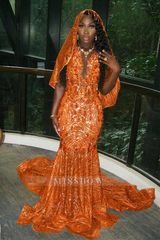 Beautiful Long Gold Mermaid Sleeveless Glitter Prom Dress with Veil