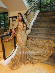Beautiful Long Gold Mermaid Sleeveless Glitter Prom Dress with Veil