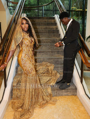 Beautiful Long Gold Mermaid Sleeveless Glitter Prom Dress with Veil
