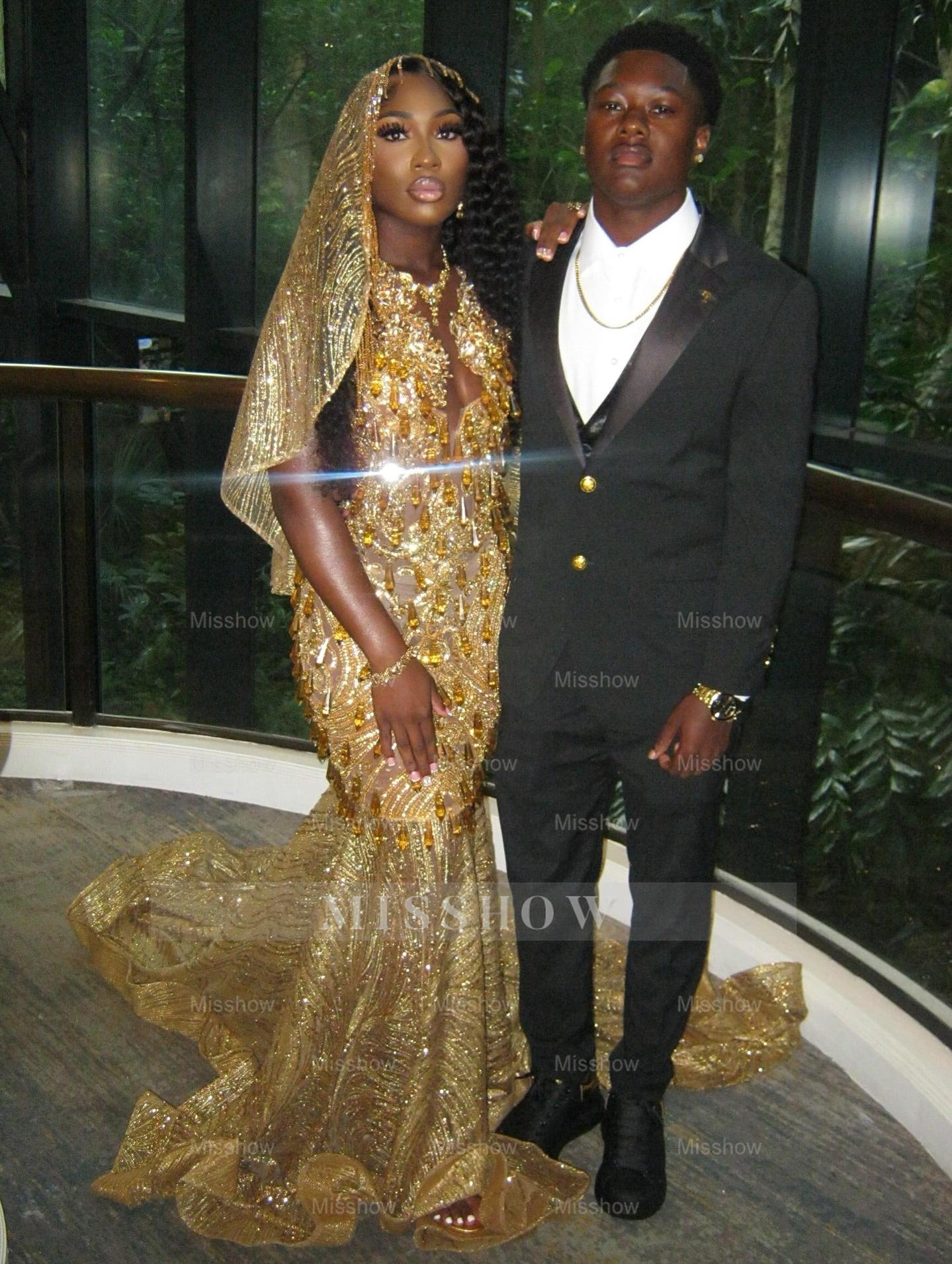 Beautiful Long Gold Mermaid Sleeveless Glitter Prom Dress with Veil