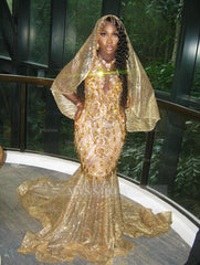 Beautiful Long Gold Mermaid Sleeveless Glitter Prom Dress with Veil