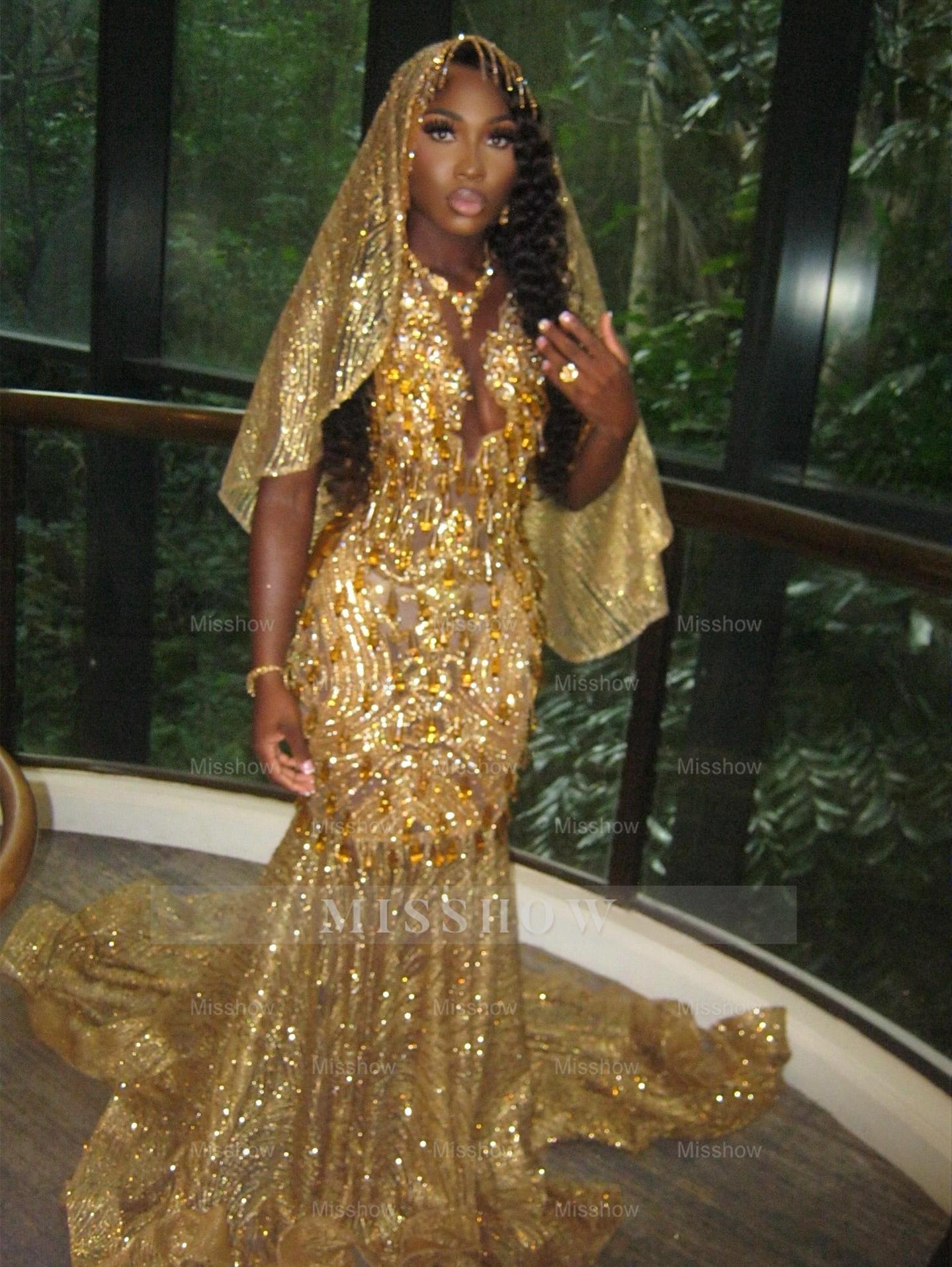 Beautiful Long Gold Mermaid Sleeveless Glitter Prom Dress with Veil
