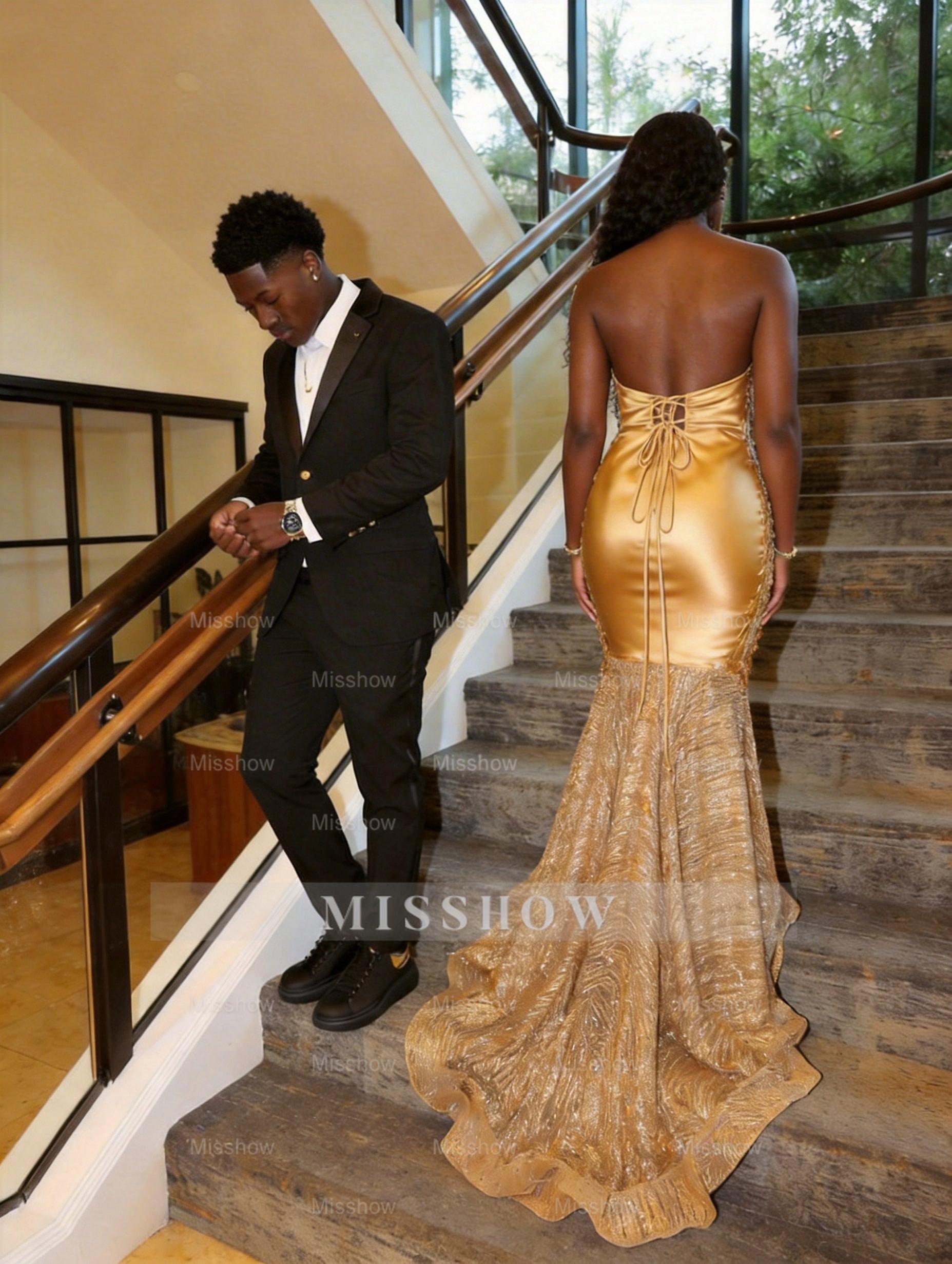 Beautiful Long Gold Mermaid Sleeveless Glitter Prom Dress with Veil
