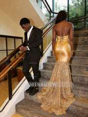 Beautiful Long Gold Mermaid Sleeveless Glitter Prom Dress with Veil