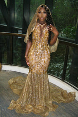 Beautiful Long Gold Mermaid Sleeveless Glitter Prom Dress with Veil