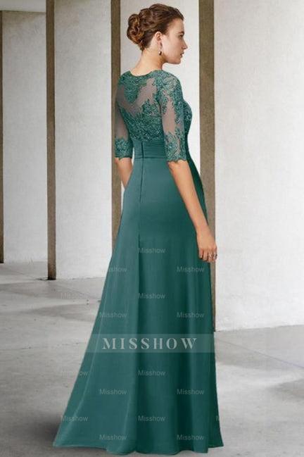 Beautiful Long Green A-line Lace Chiffon Mother of The Bride Dresses with Sleeves