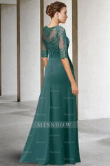 Beautiful Long Green A-line Lace Chiffon Mother of The Bride Dresses with Sleeves