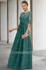 Beautiful Long Green A-line Lace Chiffon Mother of The Bride Dresses with Sleeves