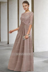 Beautiful Long Green A-line Lace Chiffon Mother of The Bride Dresses with Sleeves