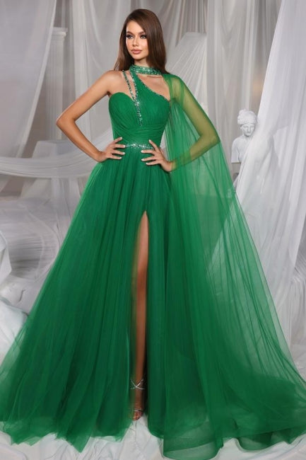 Beautiful Long Green A-line Sleeveless Tulle Prom Evening Dresses with Glitter