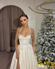 Beautiful Long Ivory A-line Halter Beading Sleeveless Wedding Dress With Slit