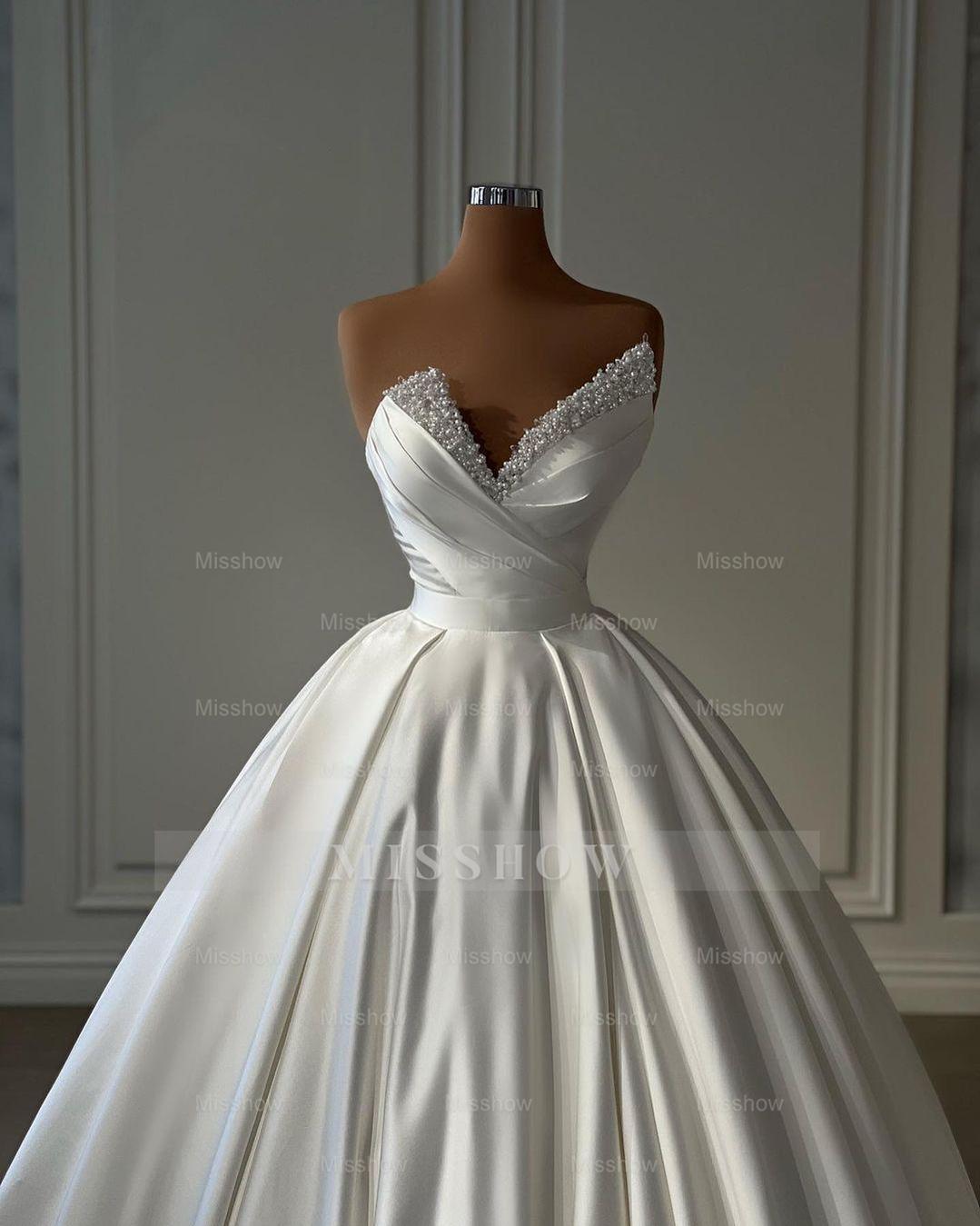 Beautiful Long Ivory A-line Satin Princess Wedding Dress With Pearls