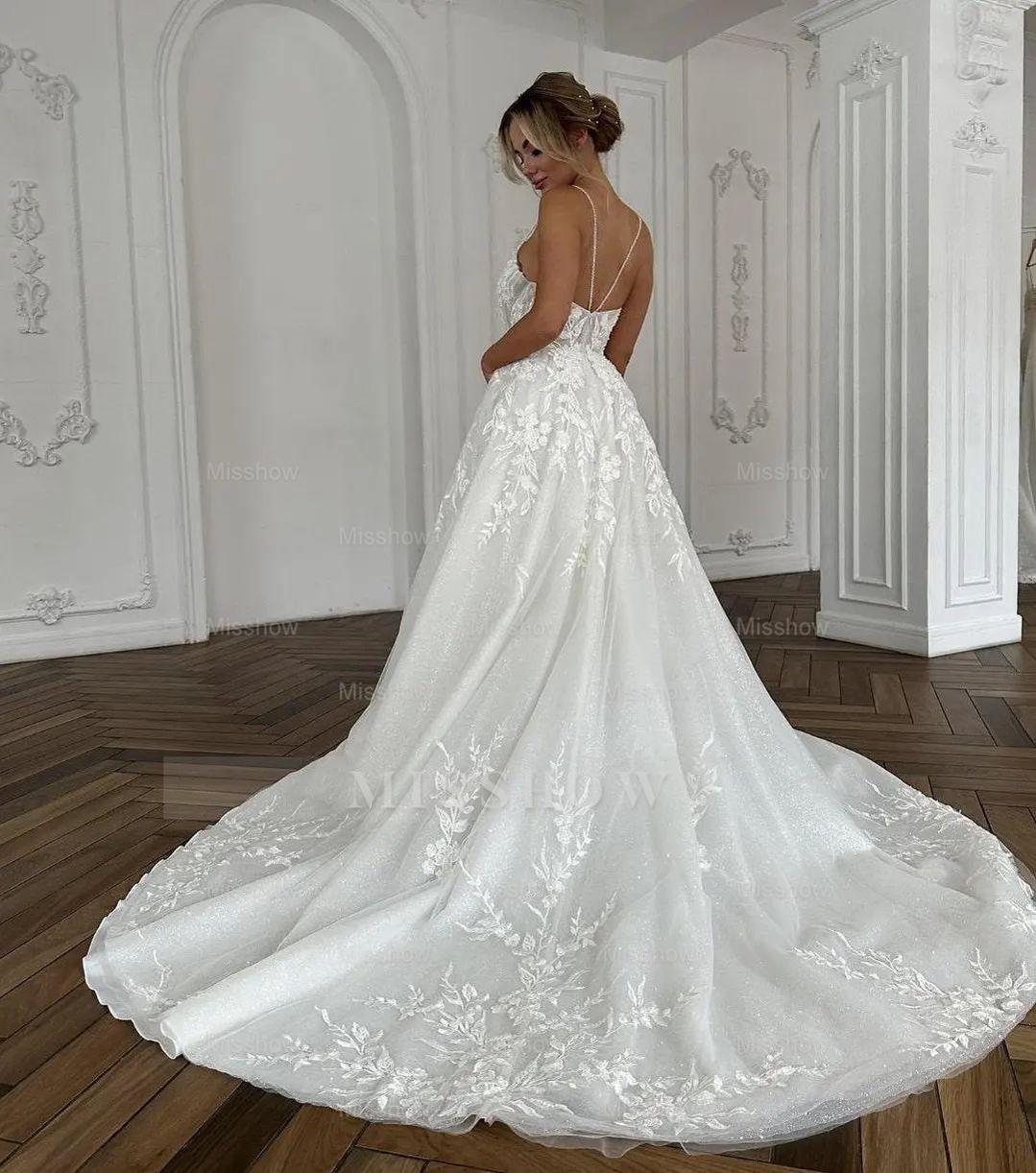 Beautiful Long Ivory A-line Spaghetti Straps V-neck Wedding Dress With Lace