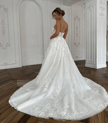 Beautiful Long Ivory A-line Spaghetti Straps V-neck Wedding Dress With Lace