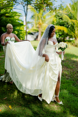 Beautiful Long Ivory A-line Strapless V-neck Split Front Wedding Dress with Ruffles