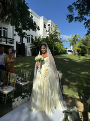 Beautiful Long Ivory A-line Strapless V-neck Split Front Wedding Dress with Ruffles