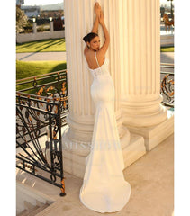 Beautiful Long Ivory Mermaid Spaghetti Straps Lace Satin Laced-up Wedding Dress
