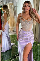 Beautiful Long Lilac Mermaid Sleeveless Jewel Prom Evening Dresses With Train