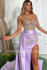 Beautiful Long Lilac Mermaid Sleeveless Jewel Prom Evening Dresses With Train