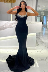 Beautiful Long Mermaid Black Sleeveless Rhinestones Prom Evening Dresses