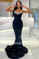 Beautiful Long Mermaid Black Sleeveless Rhinestones Prom Evening Dresses