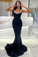 Beautiful Long Mermaid Black Sleeveless Rhinestones Prom Evening Dresses
