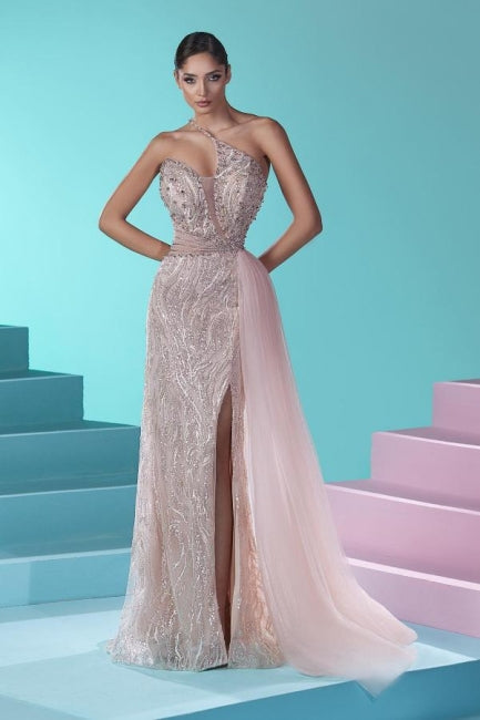 Beautiful Long Mermaid One Shoulder Lace Tulle Prom Evening Dresses with Slit